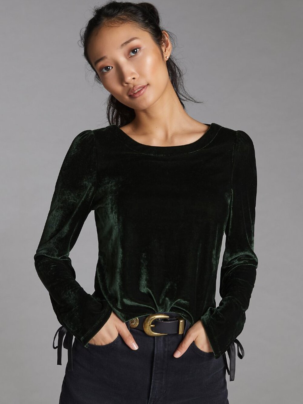 By Anthropologie Open-Back Velvet Top in Dark Green - sz L - Picture 3 of 10